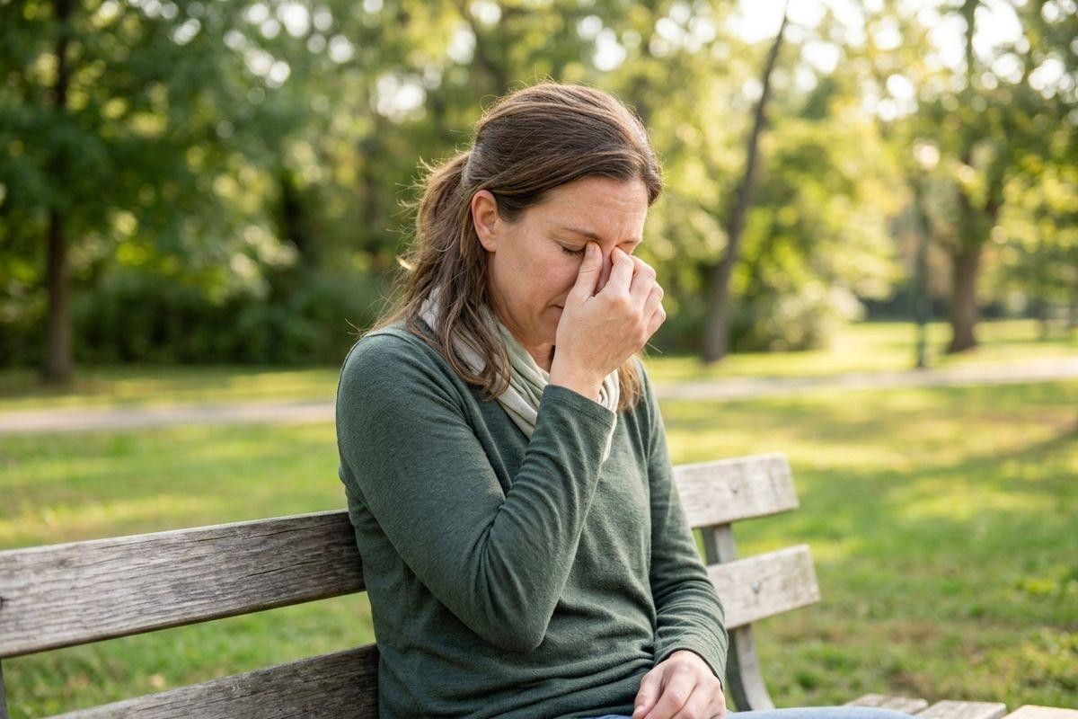 Adult sitting on a park bench, head bowed, pressing fingers to the bridge of their nose with eyes closed.