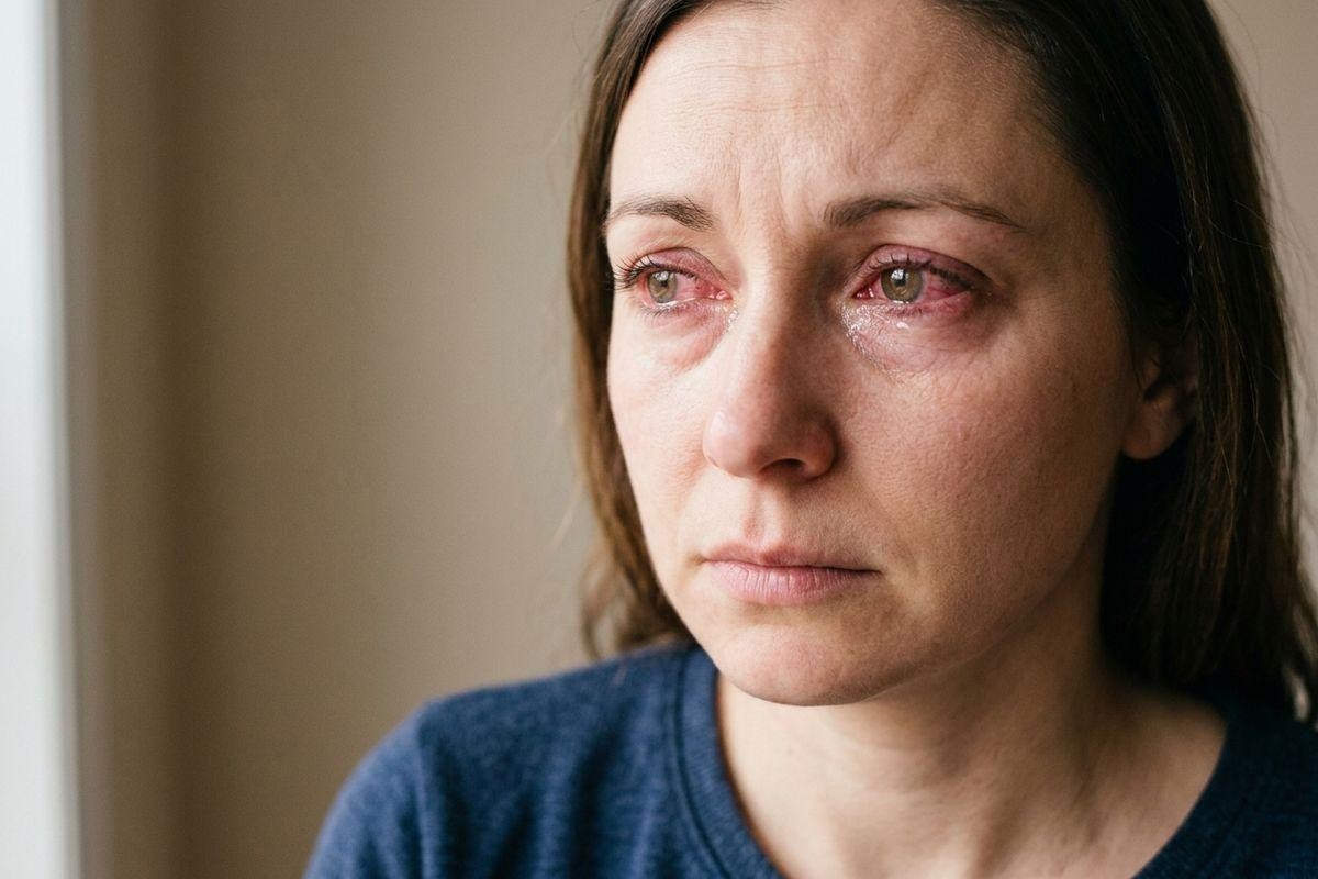 Adult with red, watery eyes and tears on cheeks gazing away, appearing distressed, against a neutral indoor background.