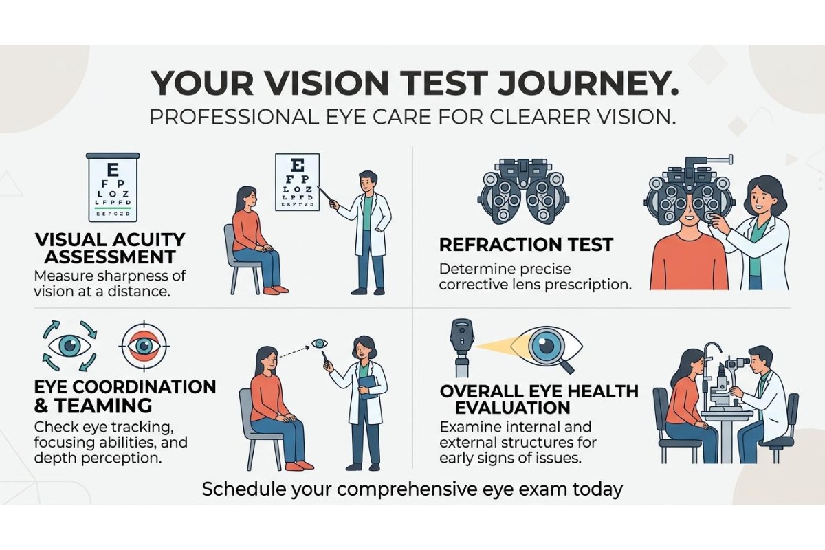 An infographic titled 'Your Vision Test Journey' illustrating four stages of a professional eye exam: a visual acuity assessment using a Snellen chart, a refraction test with a phoropter, an eye coordination and teaming test, and an overall eye health evaluation using a slit lamp.