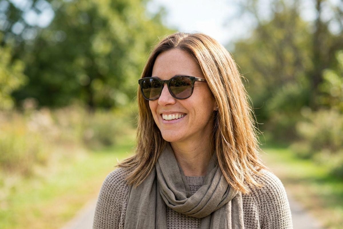 Smiling person in sunglasses, beige sweater and scarf, standing outdoors on a path with greenery behind them.