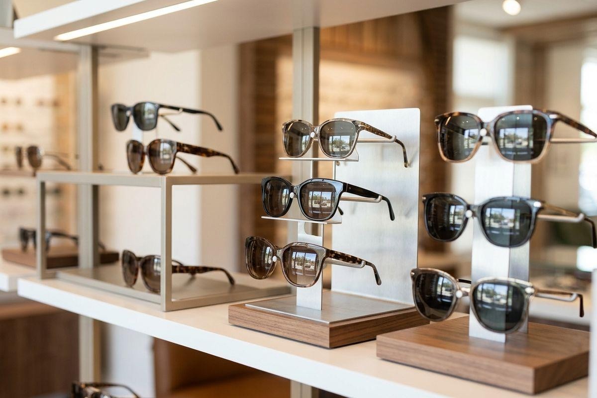 Sunglasses displayed on metal and wood stands on shelves in an eyewear shop.