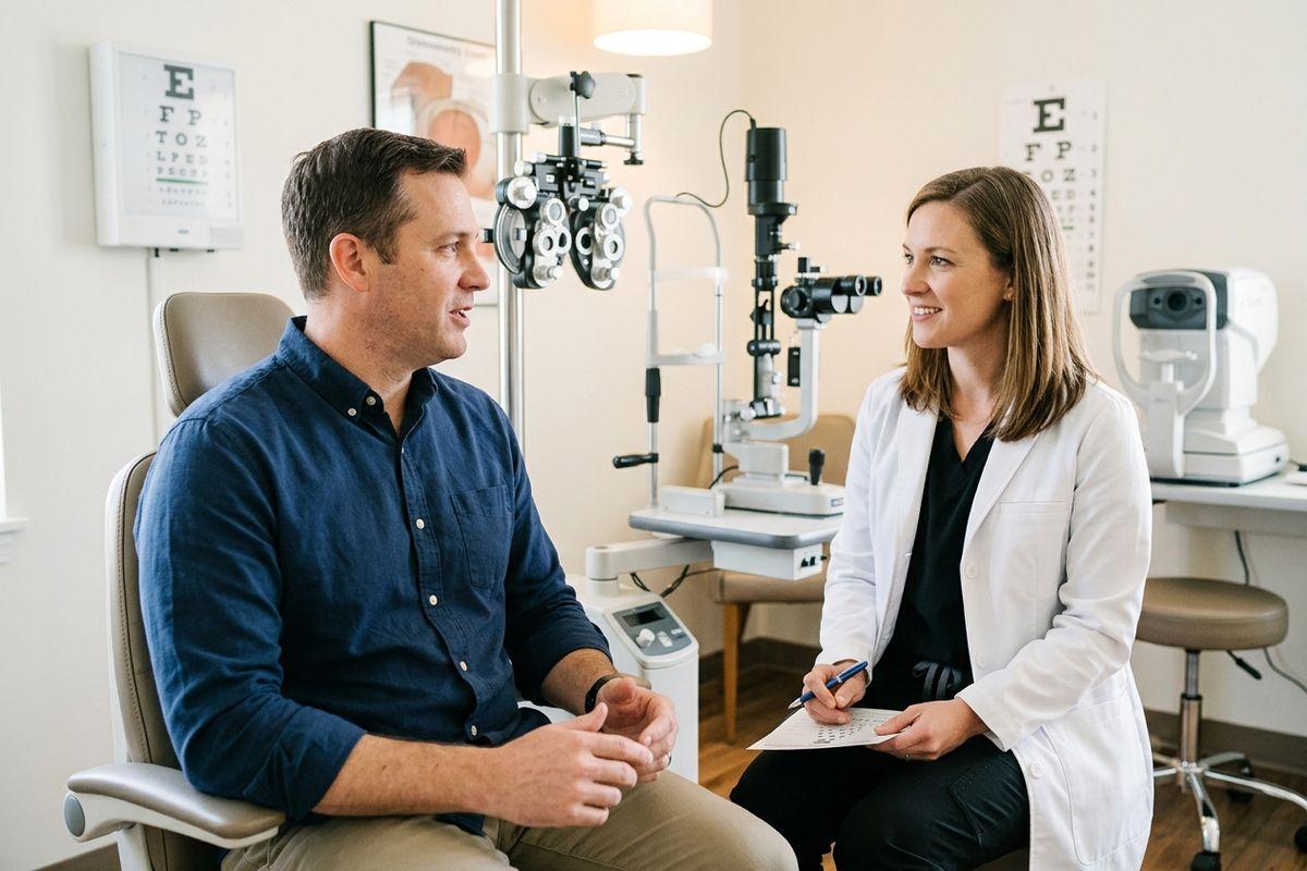 Optometrist holding notes talks with a patient seated in an exam chair, eye charts and testing equipment around them.