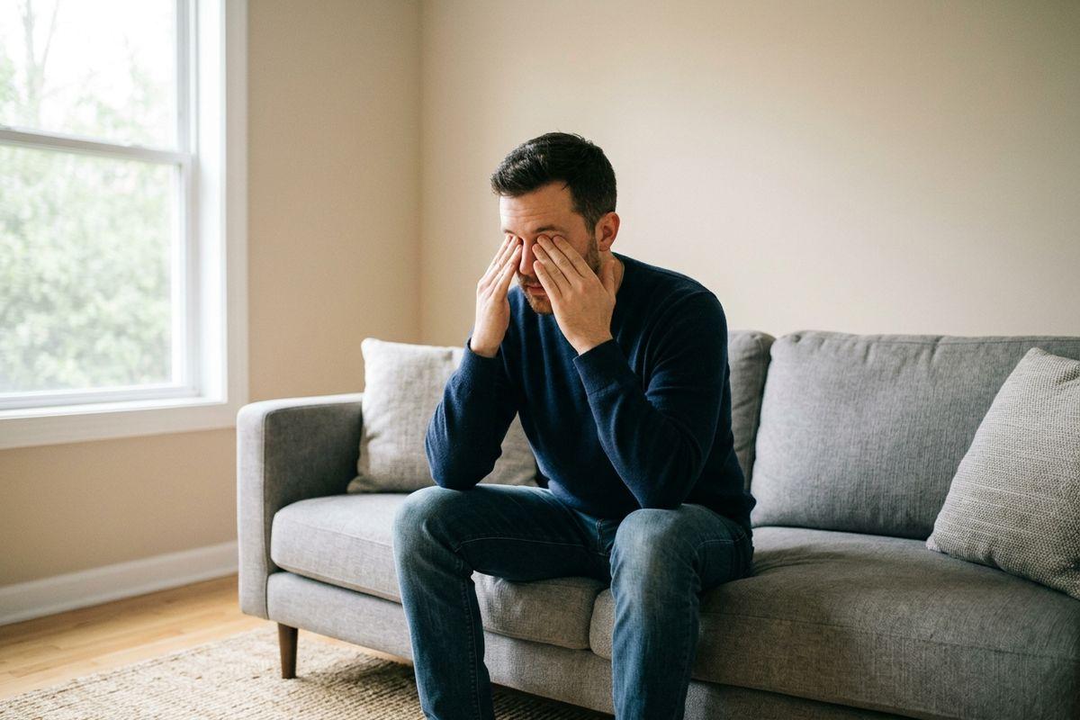 Person sitting on a gray couch by a window, rubbing their eyes with both hands.