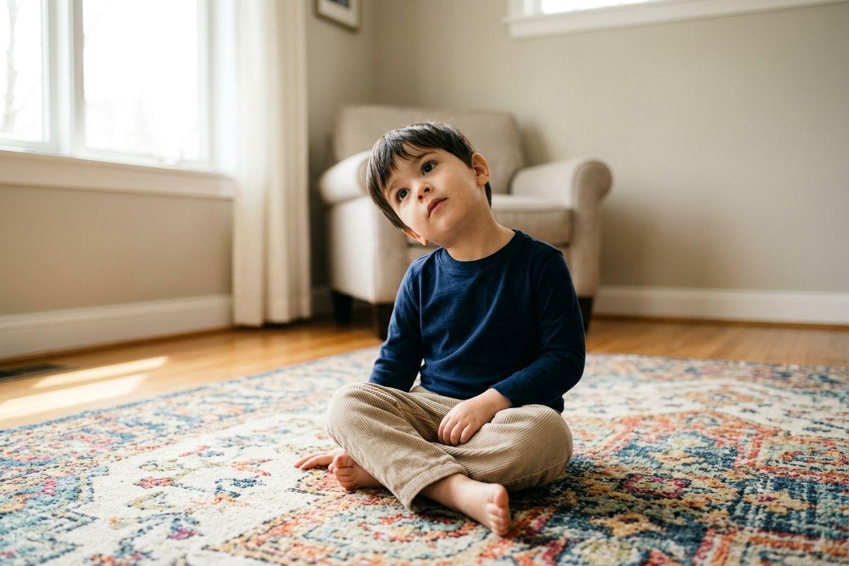 Child in a navy shirt sits cross-legged on a patterned rug in a living room, looking up, with an armchair and window behind.