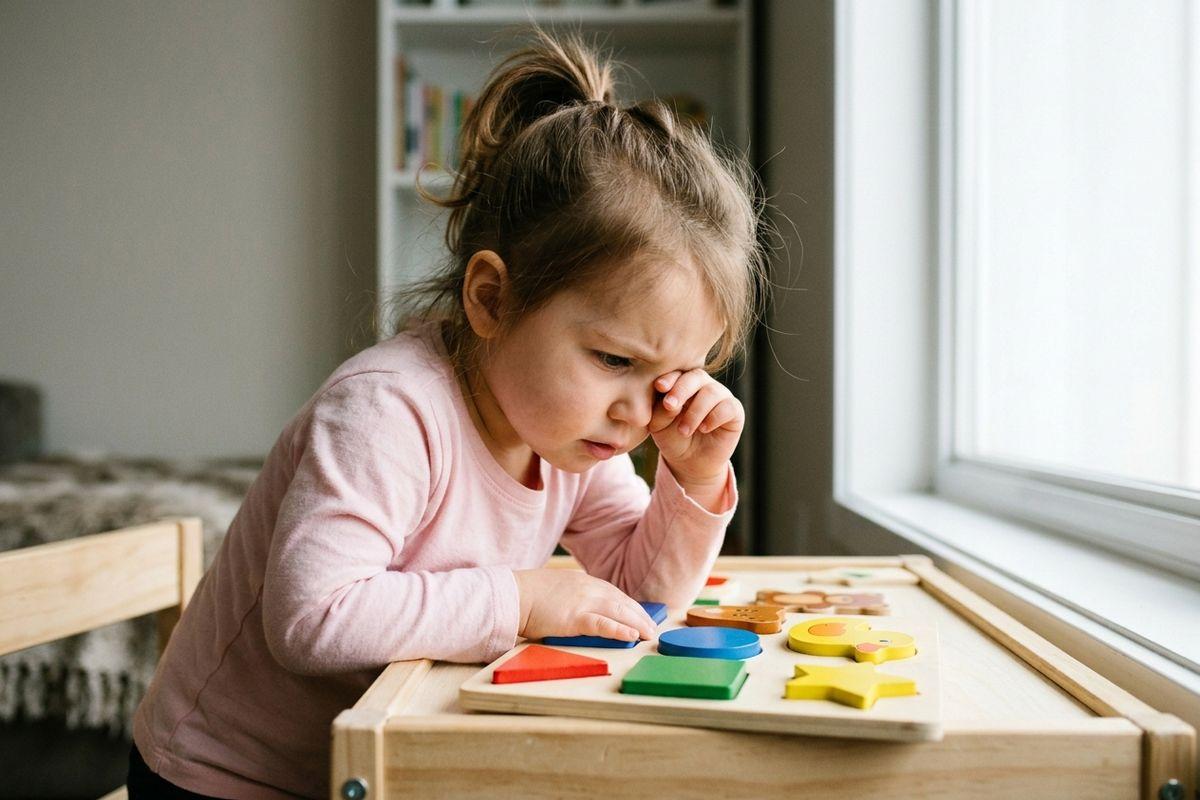 Toddler in a pink top frowns and rubs one eye while playing with a colorful wooden shape puzzle on a table by a window.