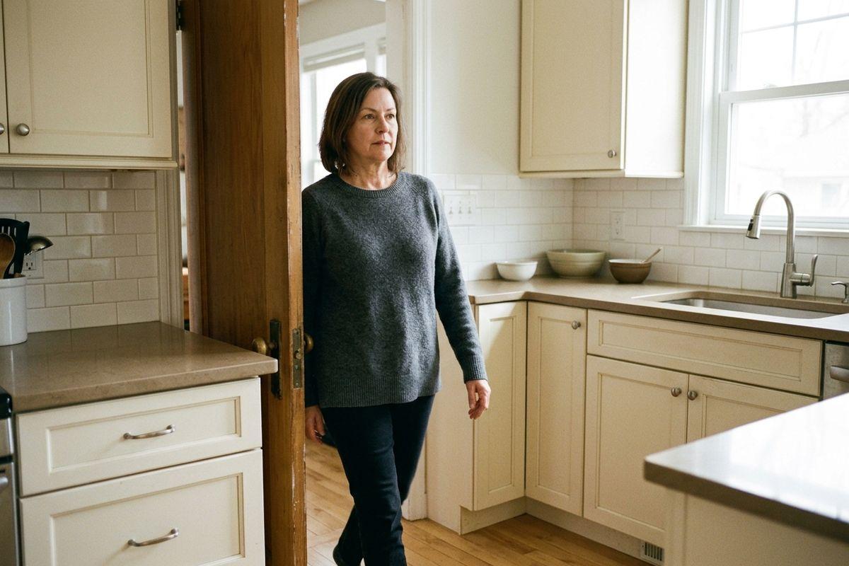 Adult in a gray sweater standing in a kitchen doorway, looking off to the side with a neutral expression.