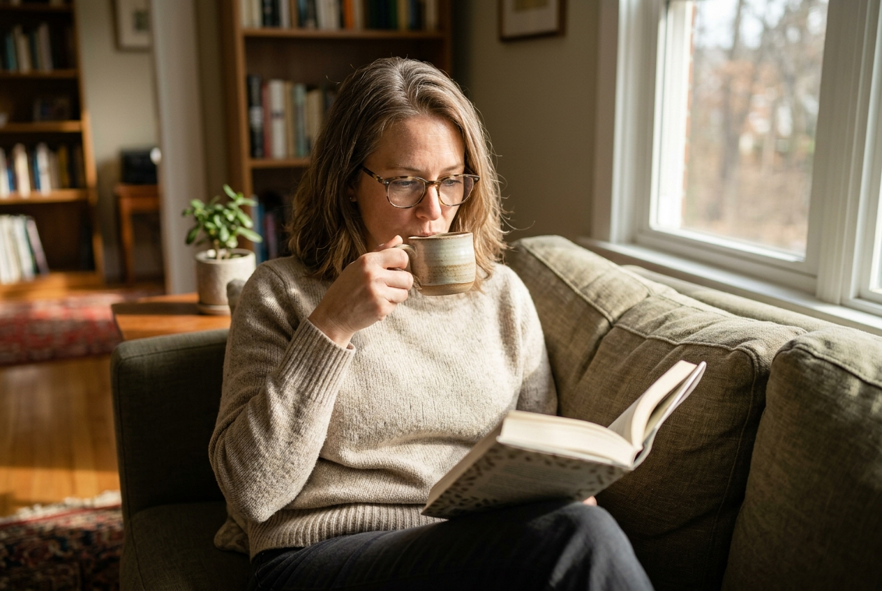 Adult in glasses and a beige sweater sips from a mug while reading an open book on a sofa by a window, bookshelves behind.