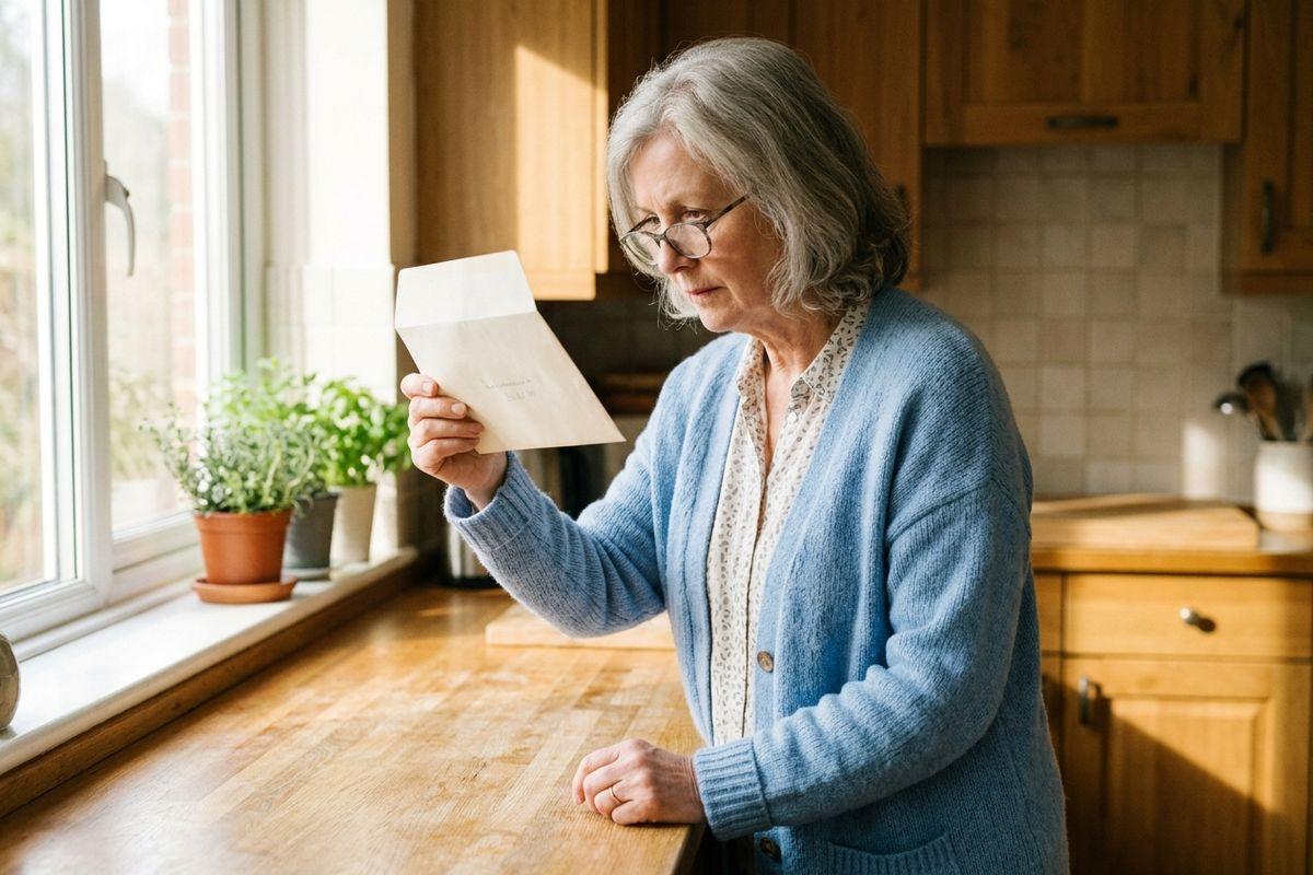 Older adult in a blue cardigan holds up an envelope in a kitchen by the window, looking down with a concerned expression.