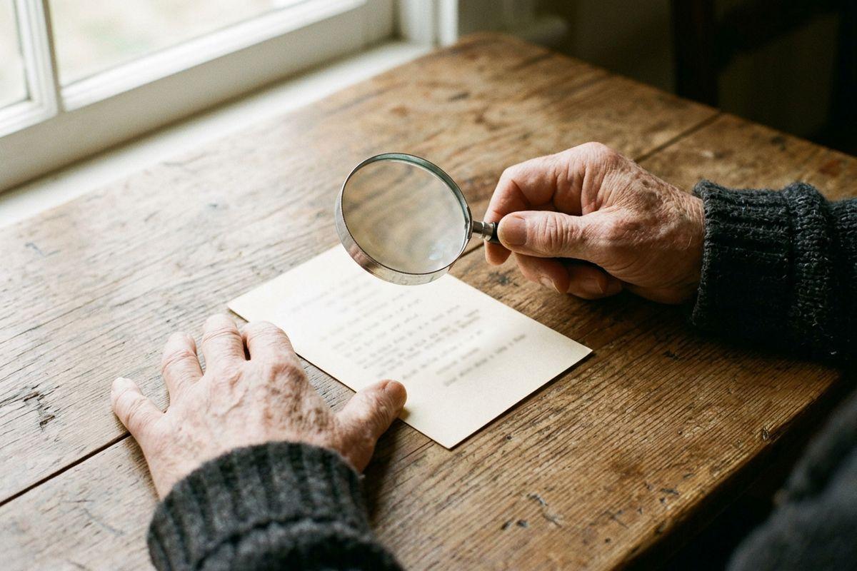 Older adult's hands holding a magnifying glass over a printed card on a wooden table beside a window.